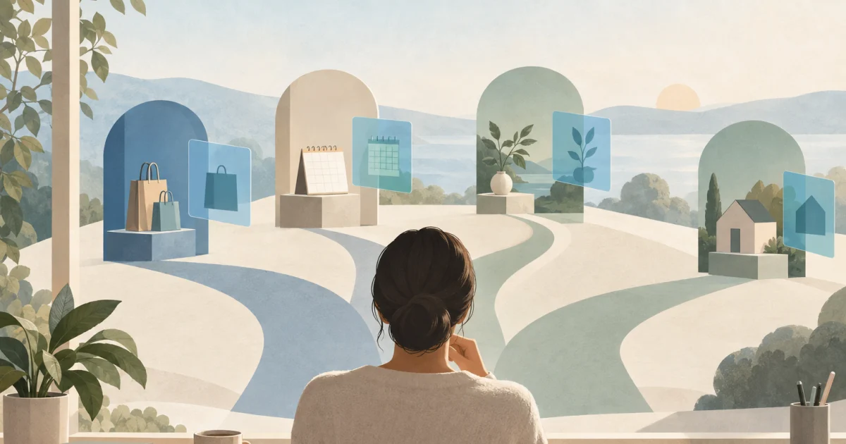 A stylised person at a desk considers branching paths among a shopping bag, calendar, and phone, with translucent blue, teal, and sage shapes.