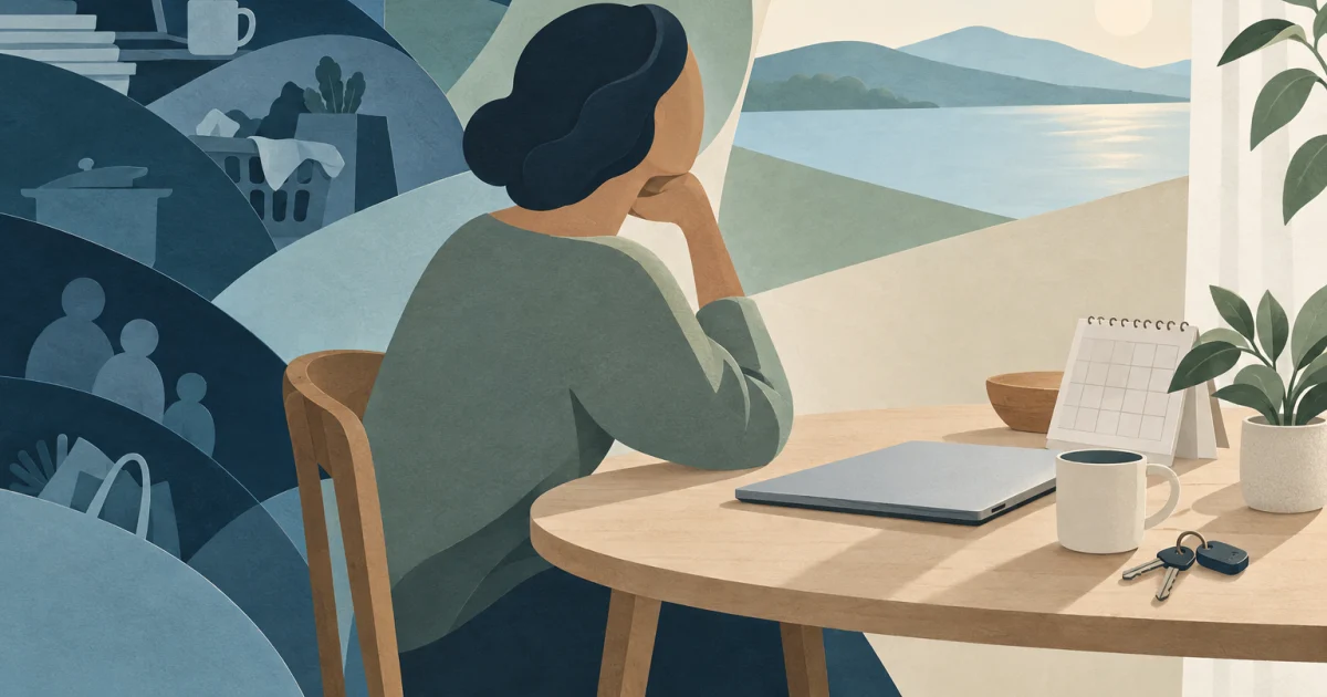 An abstract figure sits at a table with a laptop, calendar, keys, and plant, surrounded by layered blue, teal, and sage shapes opening into light.