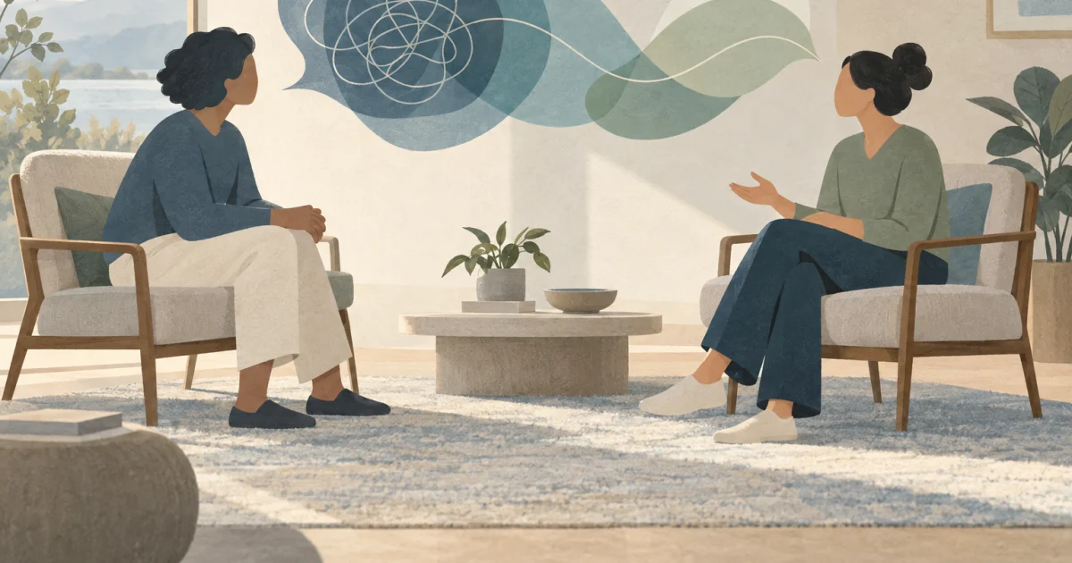 Two stylized figures sit facing each other in a blue, teal, and sage interior, with overlapping abstract curves in the space between them.