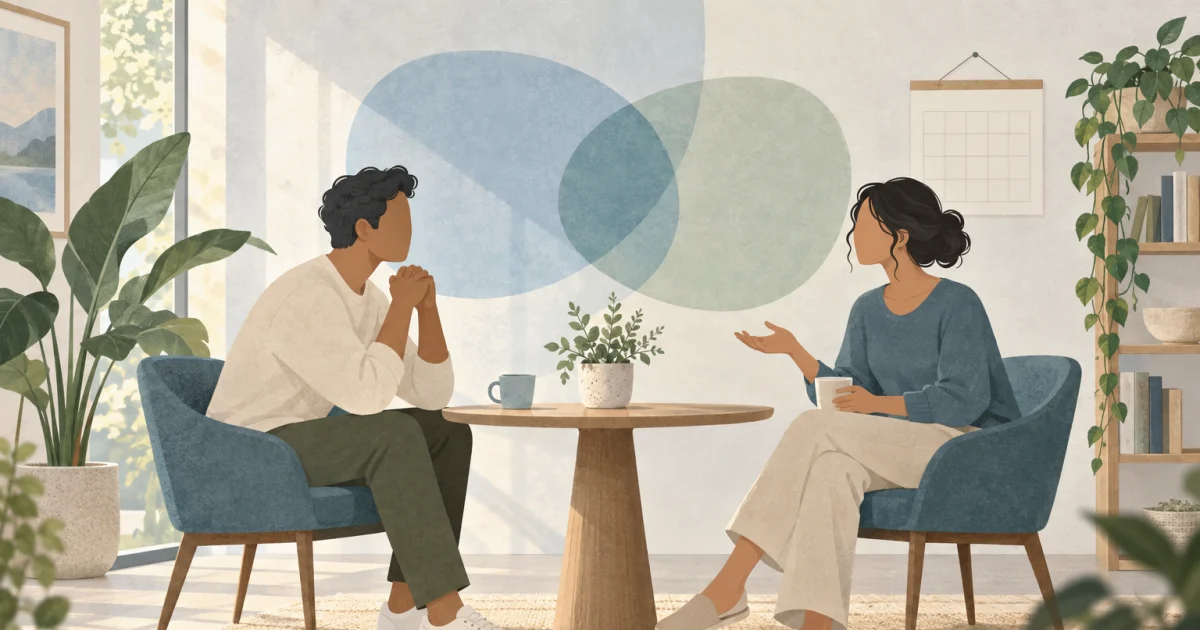 Two illustrated adults sit facing each other across a small round table in a softly colored room with a plant, shelf, and blank calendar.
