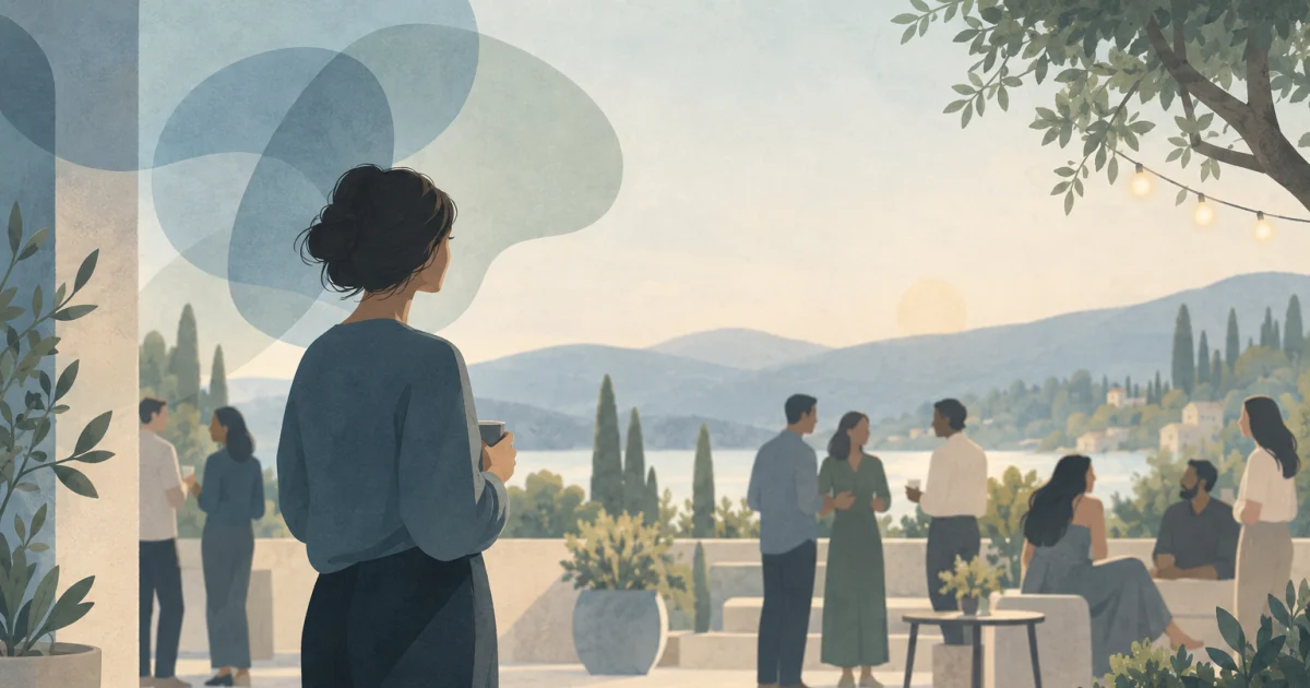 A stylised person stands beside small groups in conversation, surrounded by soft blue, teal, sage, and warm neutral shapes.
