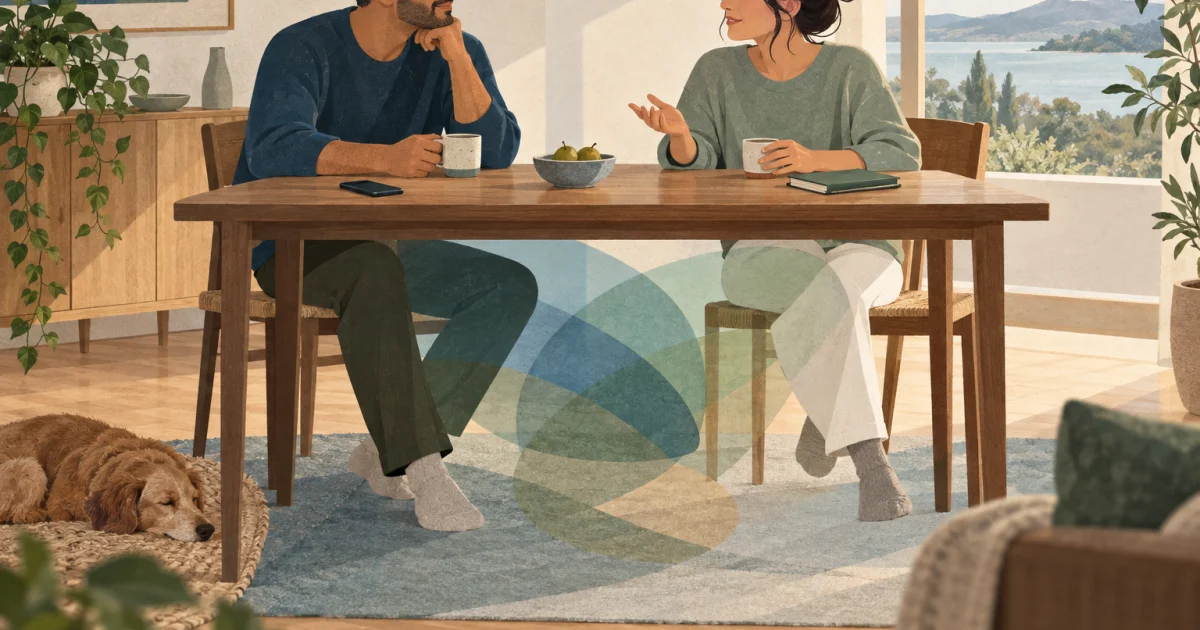 Two illustrated partners talk across a dining table with a cup, bowl, phone and notebook, above overlapping blue, teal and sage shapes.