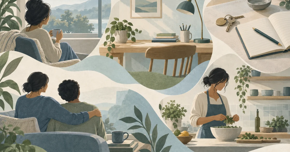 Five softly coloured everyday scenes showing quiet time, an organised desk, keys and a notebook, companionship, and meal preparation.