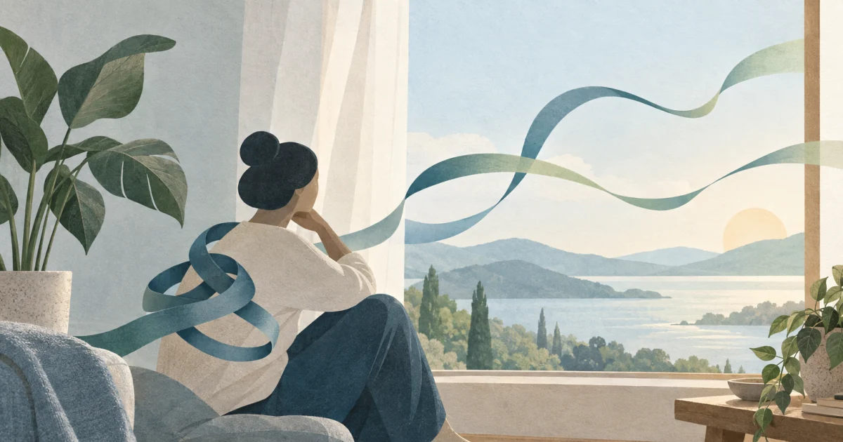 An abstract seated figure beside a window and plant, with a tangled ribbon opening into loose curves in blue, teal, sage, and warm neutral tones.