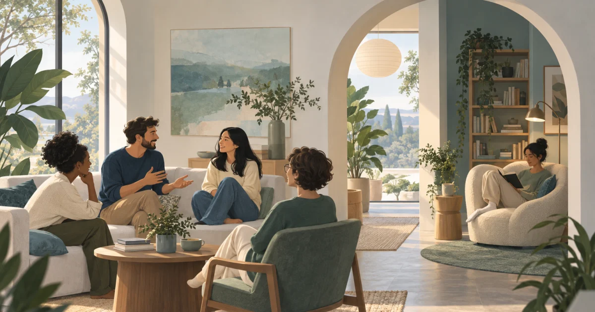Illustration of people chatting in a shared room beside an open archway leading to a quiet reading nook, in blue, teal, sage, and warm neutral tones.
