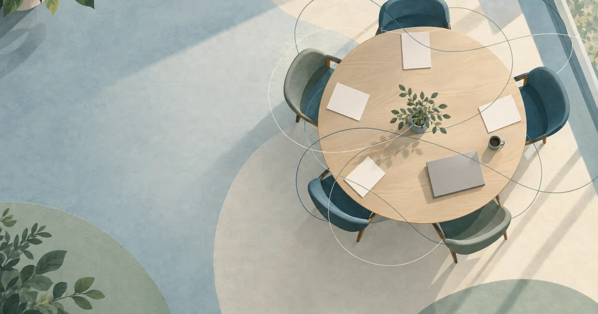 An illustrated meeting table with five chairs, blank papers, and a closed laptop, surrounded by overlapping lines in blue, teal, sage, and warm neutral tones.
