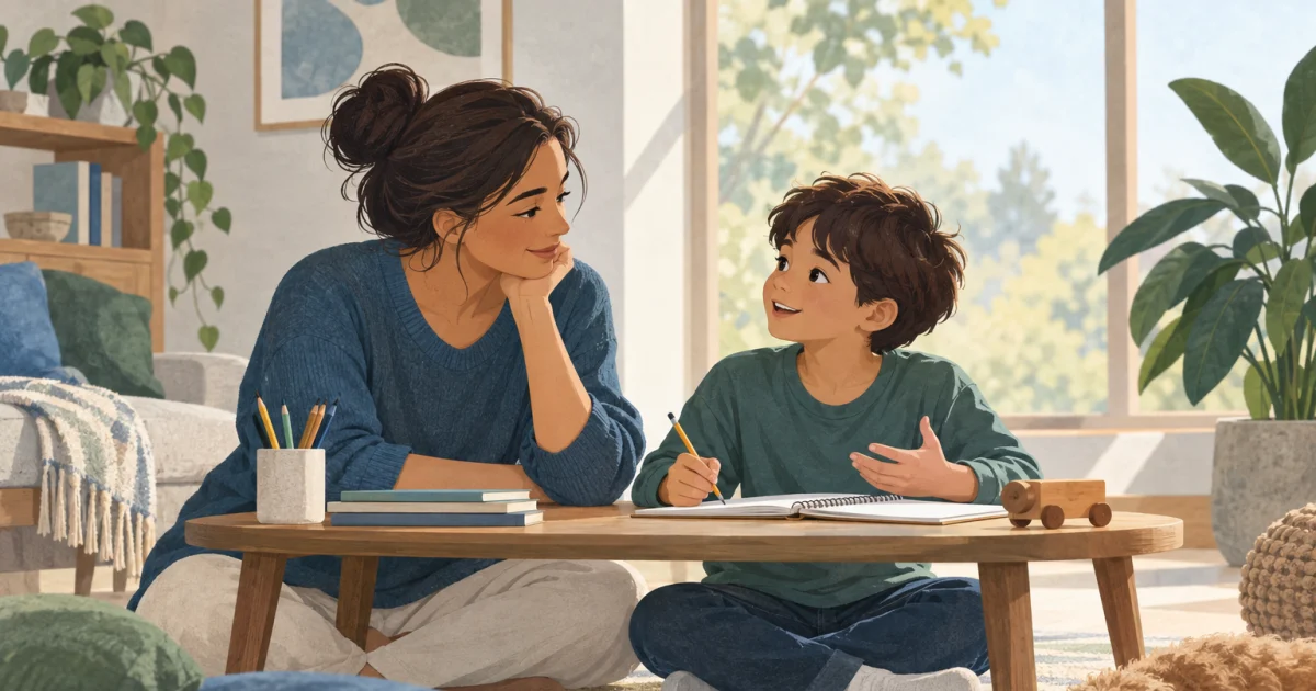 An illustrated caregiver and child sit together beside a low table with a notebook, pencils, and a wooden toy in a softly lit blue, teal, and sage room.