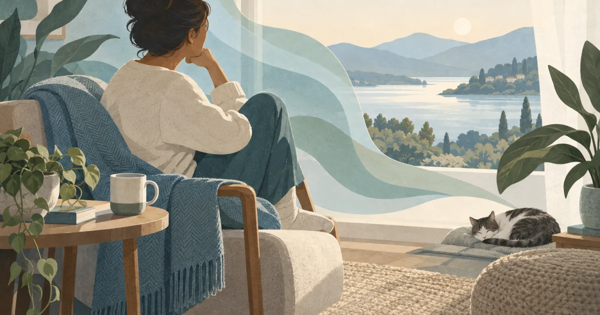 A stylised person sits thoughtfully beside a window, surrounded by soft blue and teal ripples against a warm neutral background.