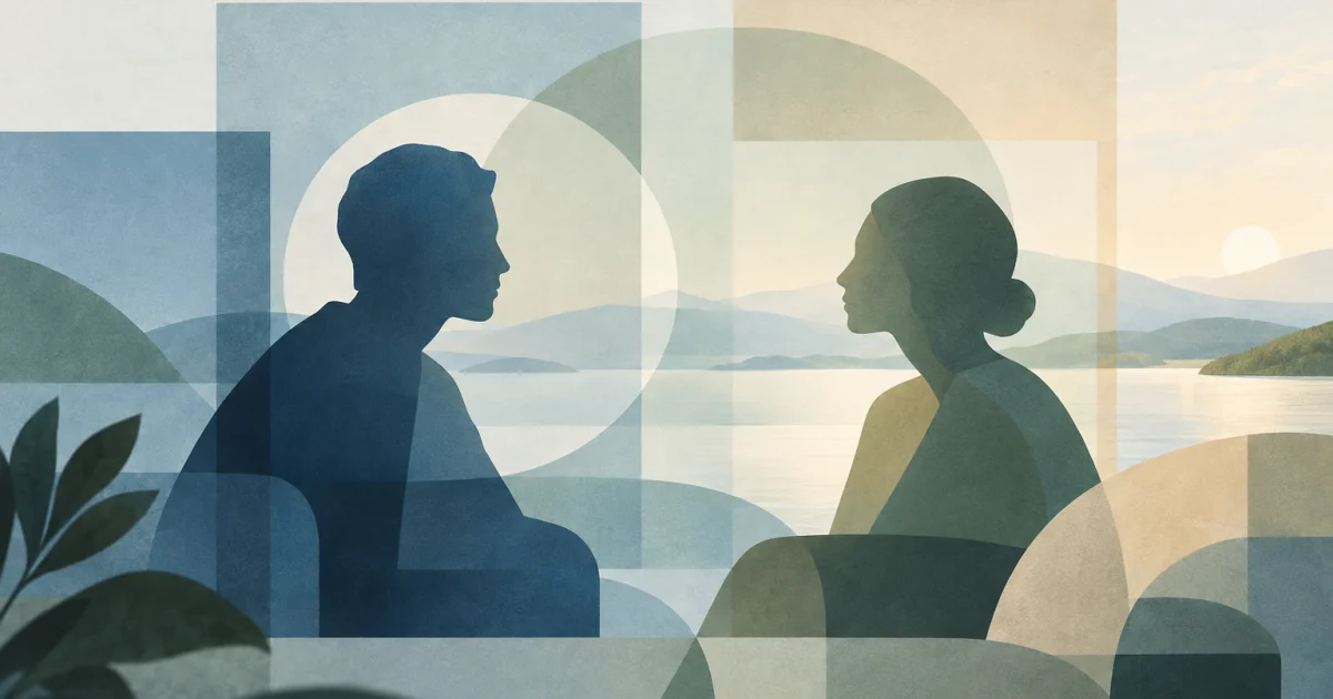 Two stylised figures face each other through overlapping blue, teal, and sage translucent frames against a warm neutral background.