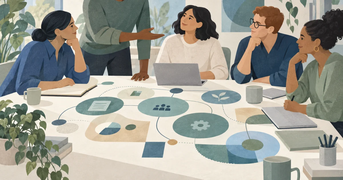 Stylised colleagues gathered around a table, acknowledging a shared contribution represented by interconnected blue, teal and sage shapes.