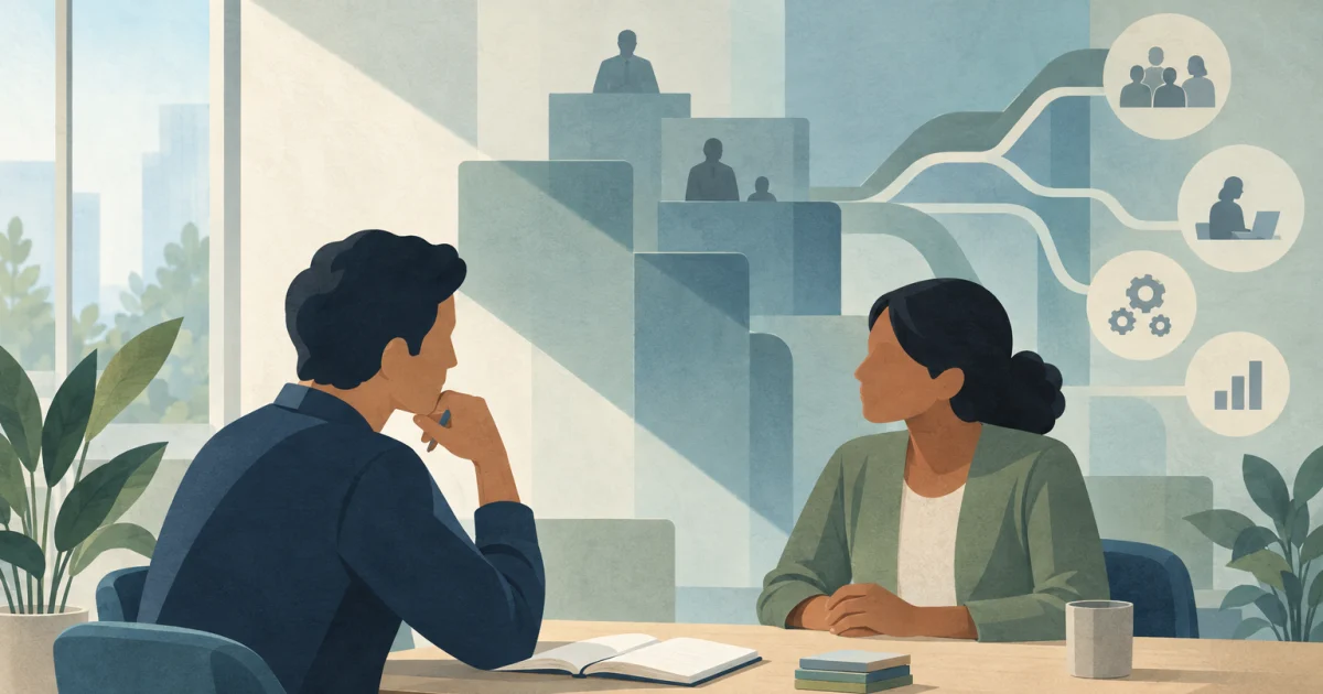 Two stylised colleagues sit across an office table with a notebook and task cards, framed by abstract partitions and branching pathways in blue, teal, sage, and warm neutral tones.