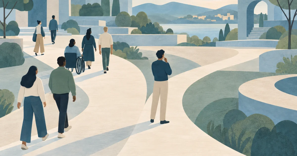Simplified figures walk together along a curved path while one figure pauses beside a branching route, rendered in blue, teal, sage and warm neutral tones.