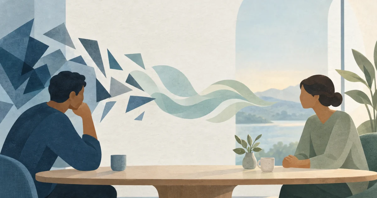 Two stylised figures seated across a curved table, with angular shapes softening into flowing forms between them in blue, teal, sage, and warm neutral tones.