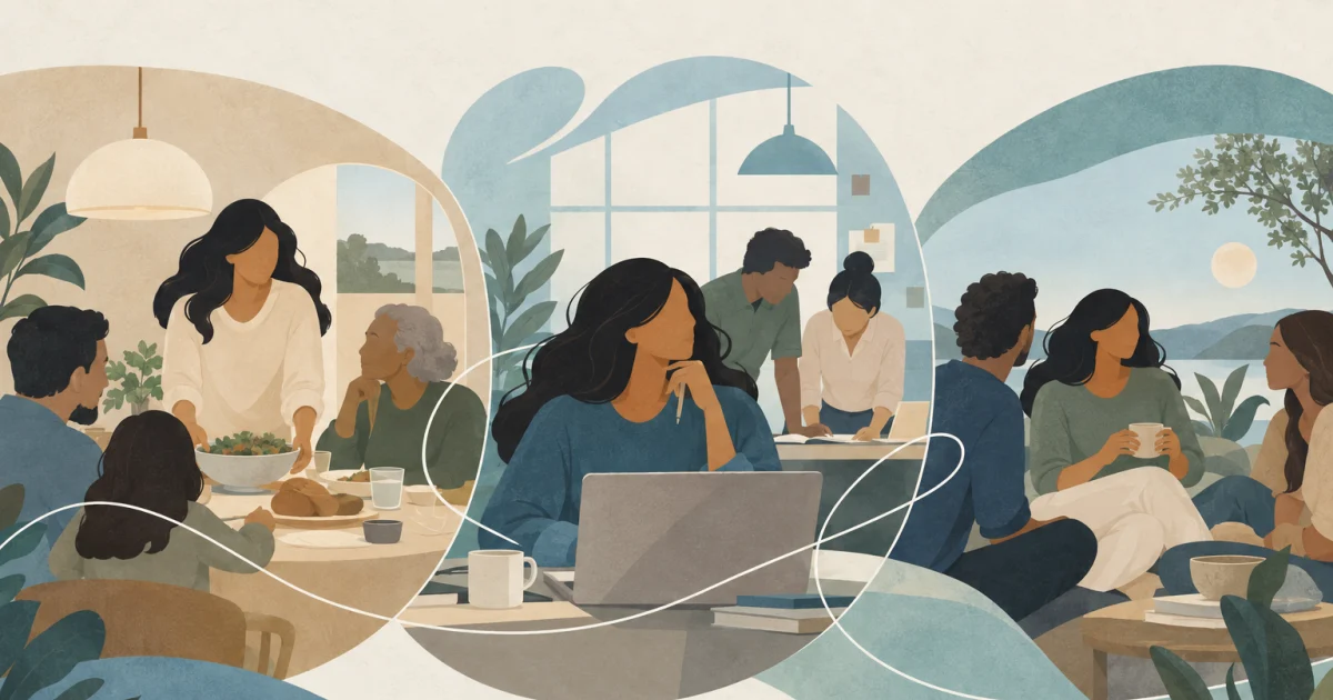 A stylised figure connected by a flowing line to scenes of family, work, and friendship, illustrated in blue, teal, sage, and warm neutral tones.