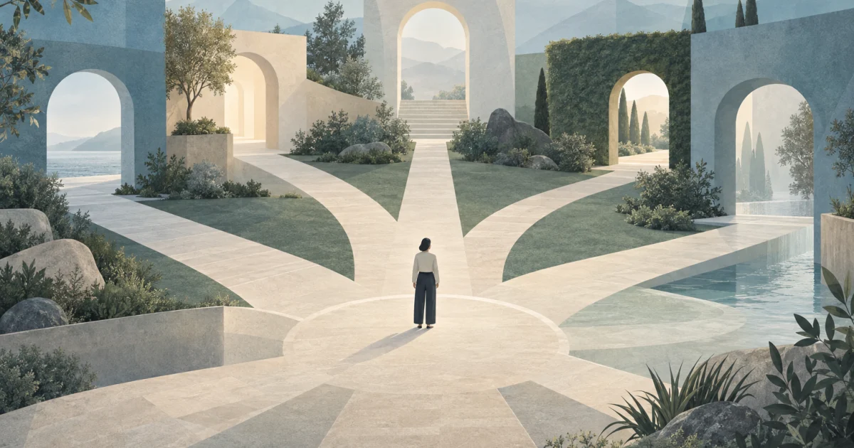 A stylised figure stands in a softly lit courtyard where five blue, teal, and sage pathways lead toward partially obscured openings.