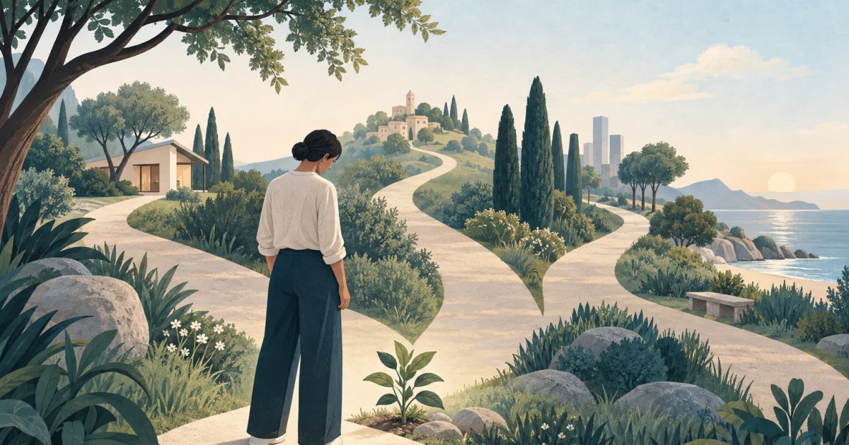 A stylised figure pauses beside a small plant as several winding paths lead through a garden in blue, teal, sage, and warm neutral tones.