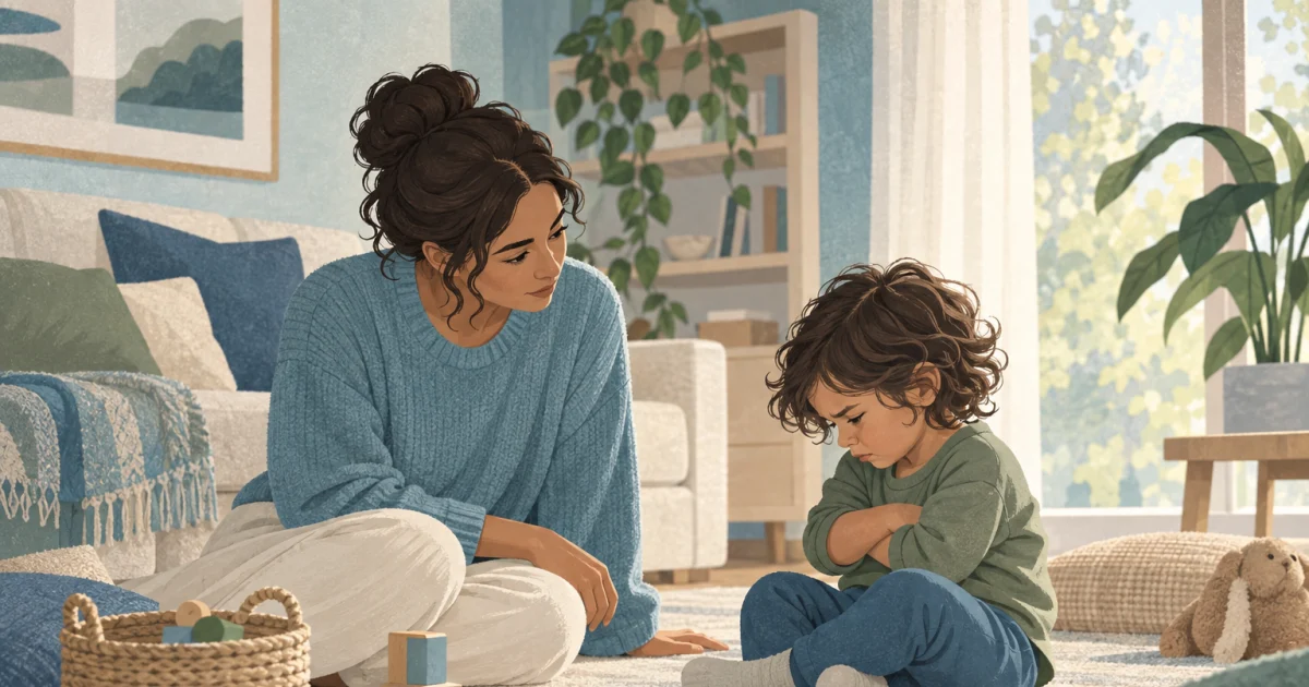A caregiver sits on the floor beside a frustrated child, with wooden blocks and a toy basket nearby, in a softly coloured blue, teal and sage living room.