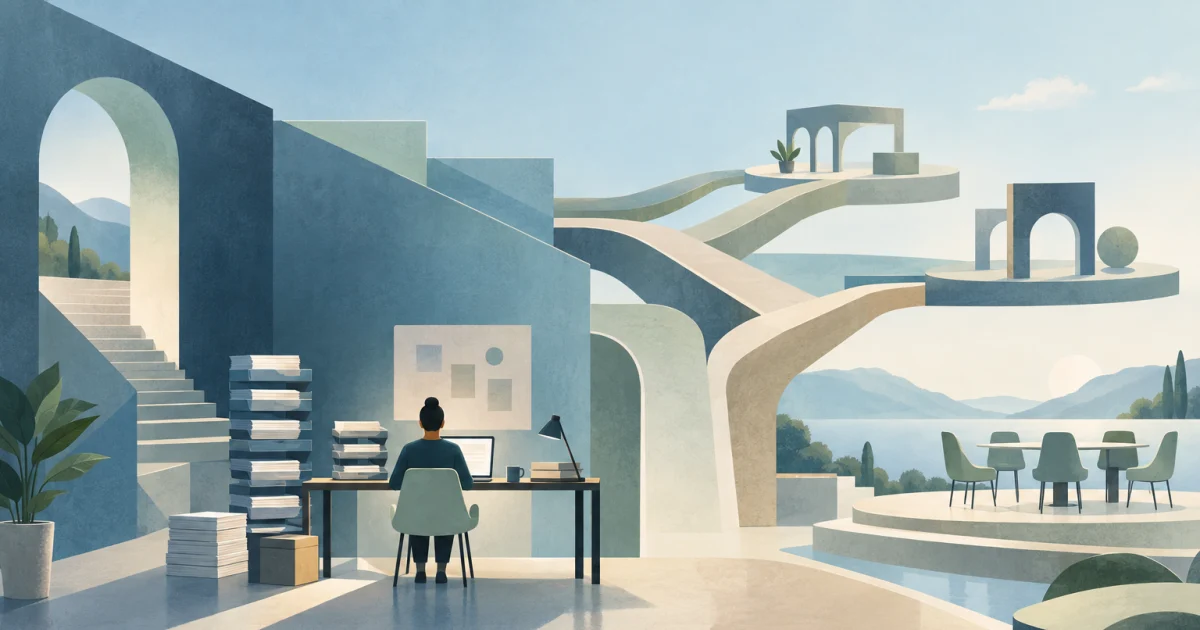 An abstract figure at a desk surrounded by stacked task trays, branching paths, and separated geometric structures in blue, teal, sage, and warm neutral tones.