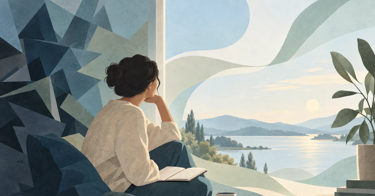 A stylised person sits with an open notebook beside a window, surrounded by angular shapes and flowing curves in blue, teal, sage, and warm neutral tones.