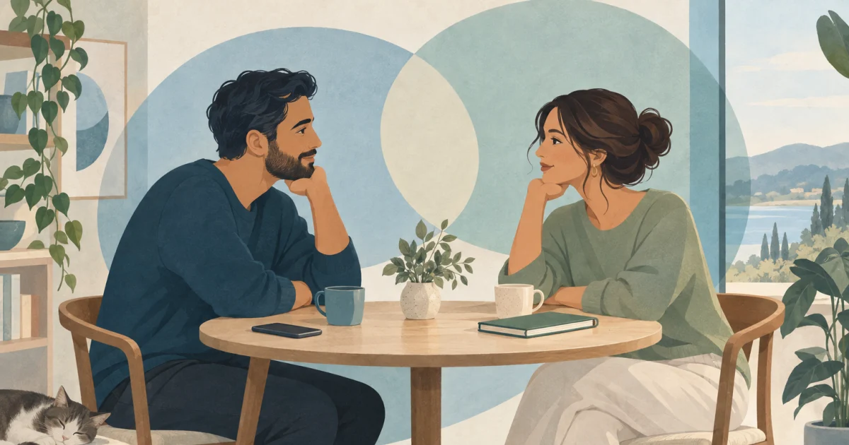 Two stylised adults face each other across a small round table with a cup, notebook, and phone, surrounded by overlapping blue, teal, sage, and warm neutral shapes.