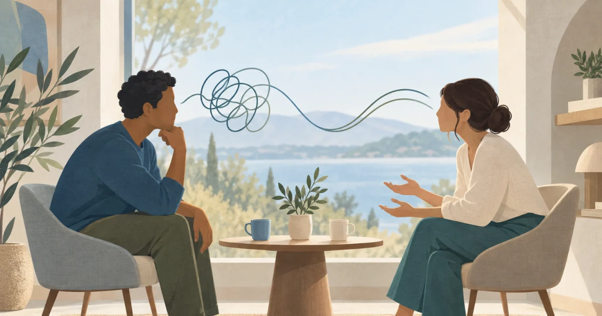 Two stylized adults sit across a small table as tangled blue and teal lines between them open into a smooth curve.