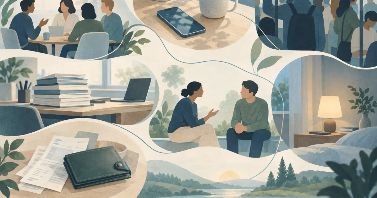 Seven softly coloured everyday scenes show a meeting, a phone, public transport, a busy desk, household bills, a conversation, and a bedside lamp, connected by flowing lines.