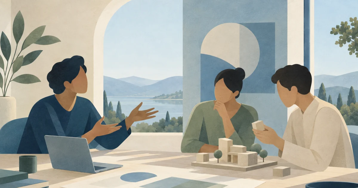 Stylised figures around a table, one gesturing while another examines a small model and papers, in blue, teal, sage, and warm neutral tones.