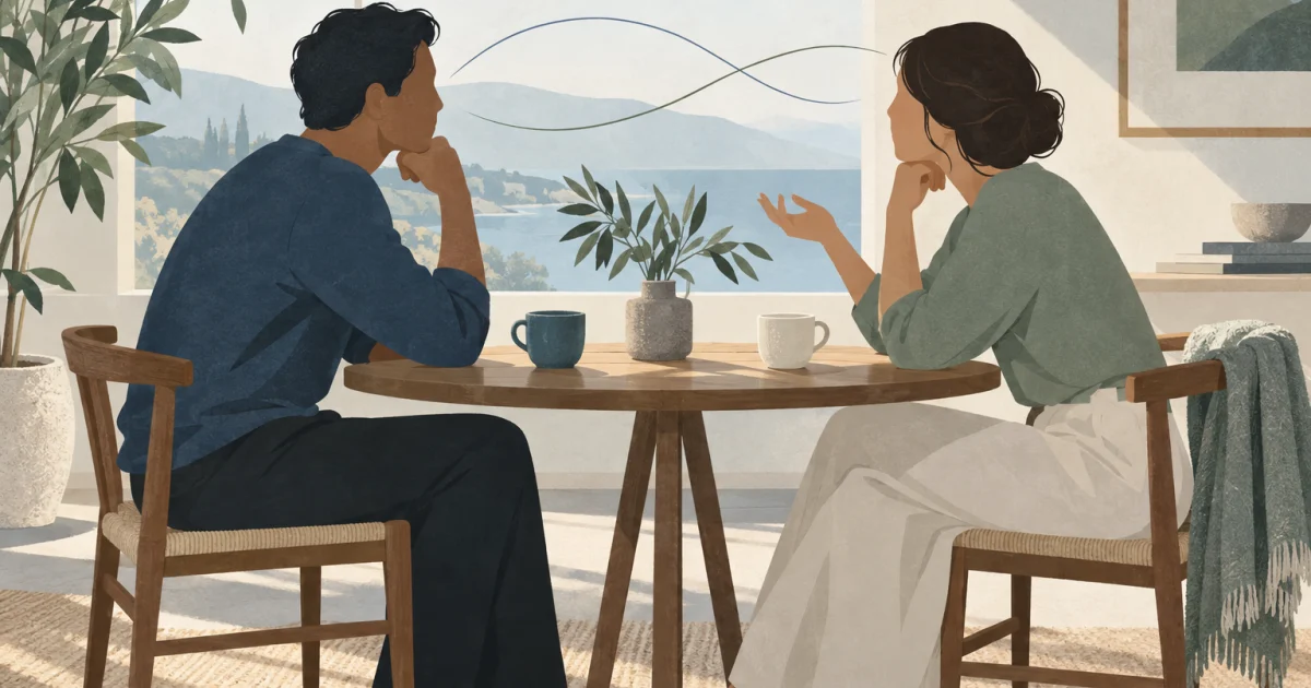 Two stylized adults sit facing each other across a small table, with curved lines between them, ceramic cups and a leafy plant in blue, teal, sage and warm neutral tones.
