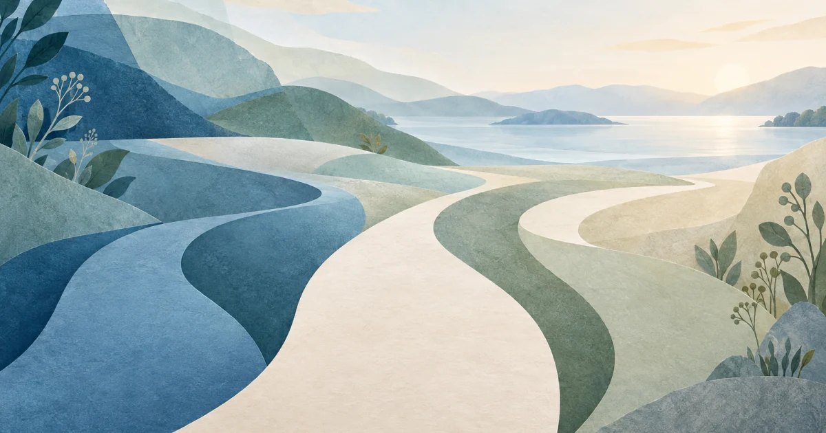 Layered blue, teal, and sage paper-like paths curve toward a warm open space, framed by small botanical shapes.