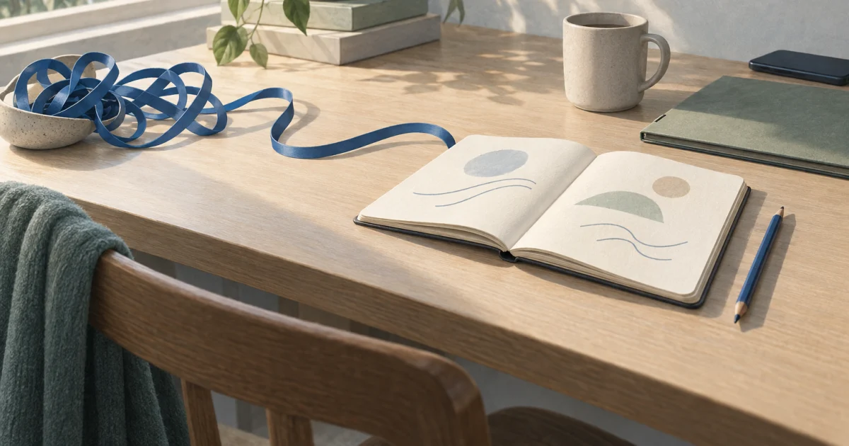 A softly lit desk with an open notebook, pencil, mug, folder, and face-down phone, with a tangled blue ribbon becoming a simple path toward the notebook.