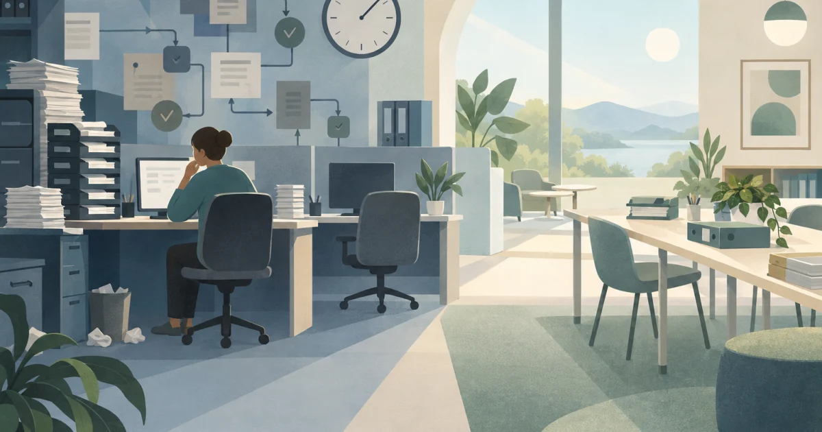 An illustrated employee sits at a desk surrounded by stacked task trays and branching pathways, with shared work surfaces and open space in blue, teal, sage, and warm neutral tones.