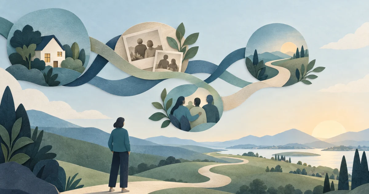 A stylised figure beside a winding path, with interwoven blue, teal and sage ribbons linking abstract shapes and a home against a warm neutral landscape.