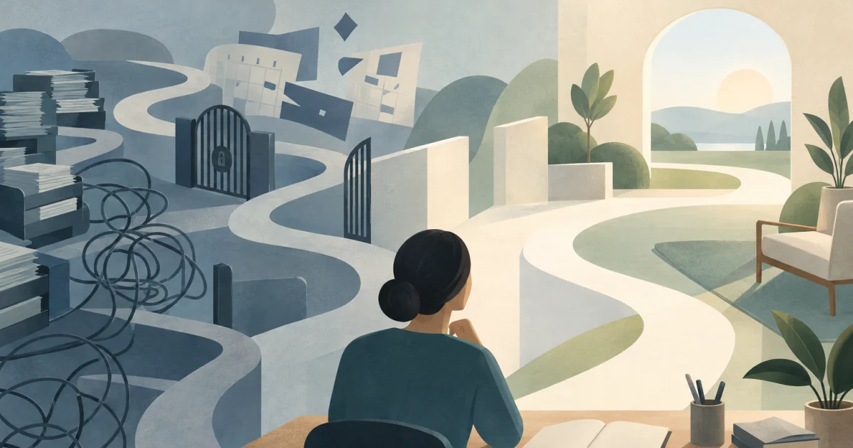 An illustrated worker at a desk surrounded by pathways, stacked trays, gates, and tangled lines, with one clear path opening into an uncluttered space.