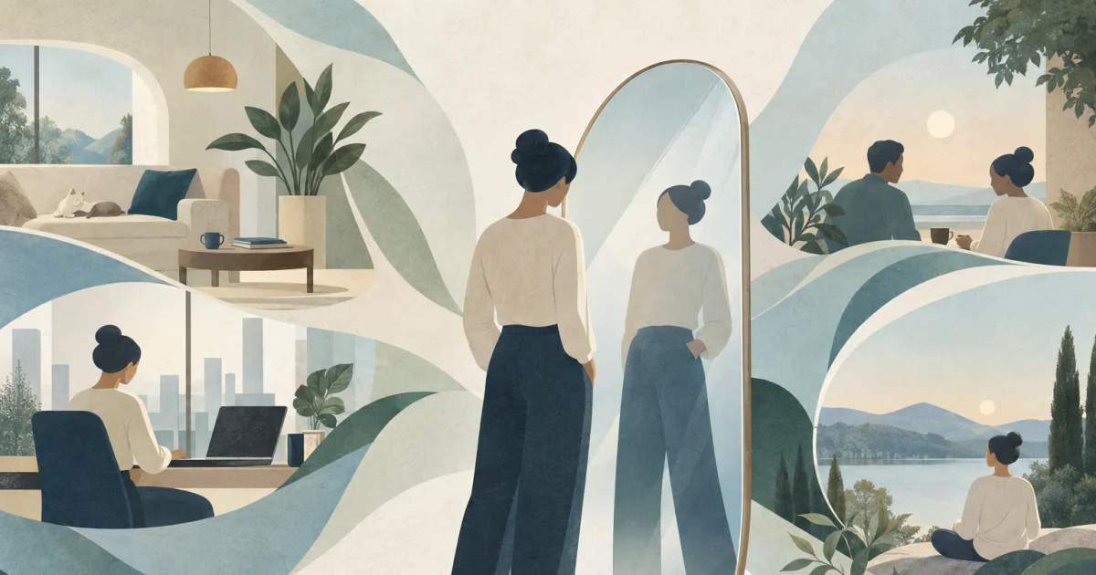A stylised figure beside a curved mirror, surrounded by abstract home, work and social scenes in blue, teal, sage and warm neutral tones.