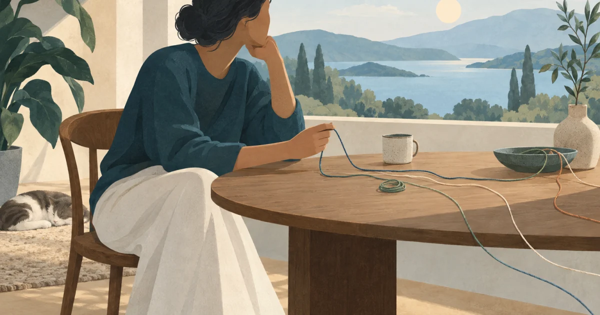 A stylized person sits beside a table, holding one of several loose threads that extend beyond the frame, in muted blue, teal, sage, and warm neutral tones.