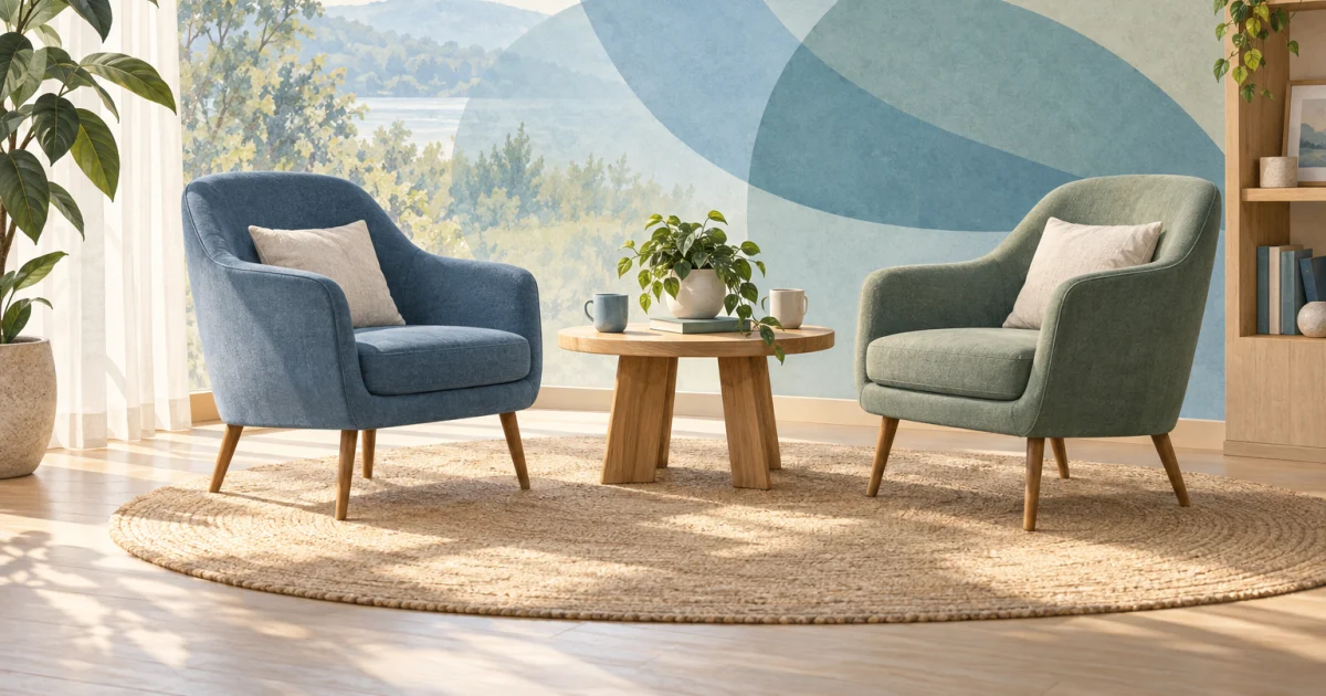 Two chairs face one another beside a small table and leafy plant in a softly lit room illustrated in blue, teal, sage, and warm neutral tones.