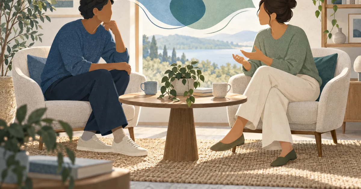 Two stylized adults sit facing each other across a small table, with overlapping blue and teal shapes between them in a softly lit, sage and warm-neutral room.