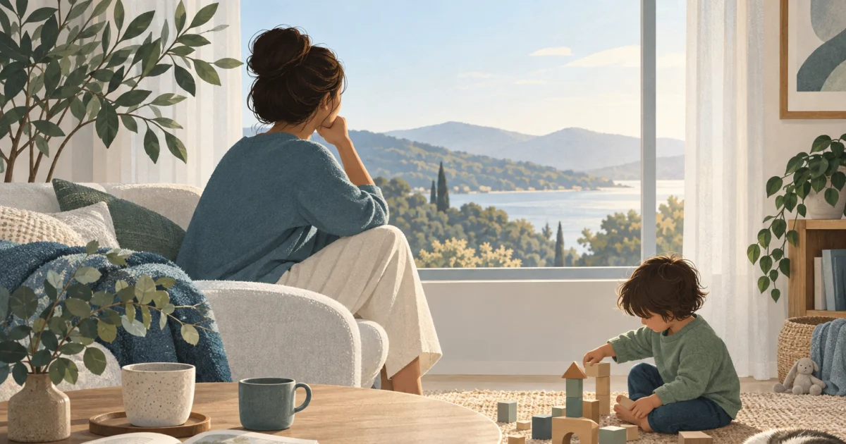 Illustration of a parent sitting thoughtfully beside a window while a child plays with wooden blocks, surrounded by a book, cups and a leafy plant in muted blue, teal and sage tones.