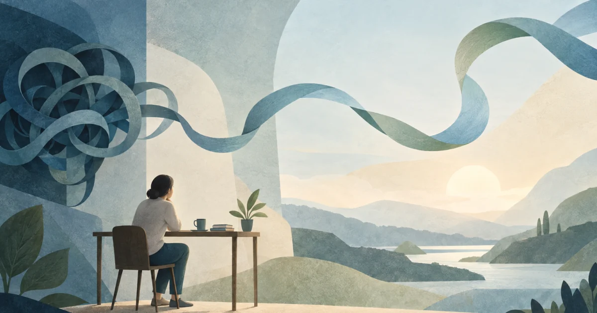 A small seated figure beside a desk, surrounded by a looping ribbon that opens into a flowing path in blue, teal, sage and warm neutral tones.