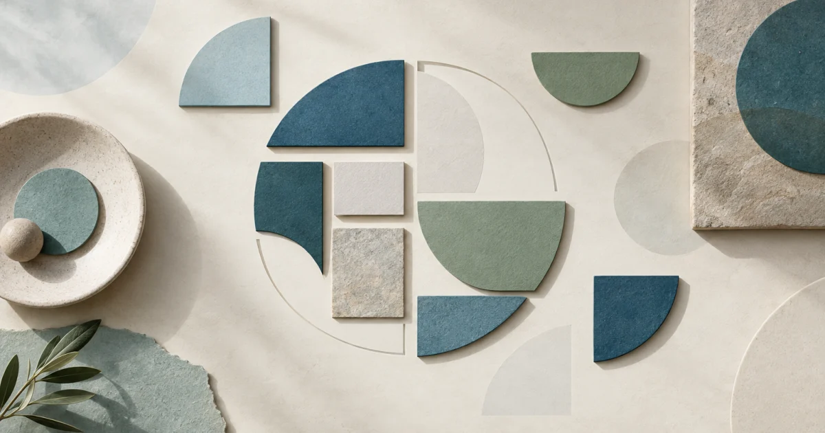 Blue, teal, and sage geometric shapes on a warm neutral background, with translucent pieces suggesting completions to a broken circle and an unfinished mosaic.