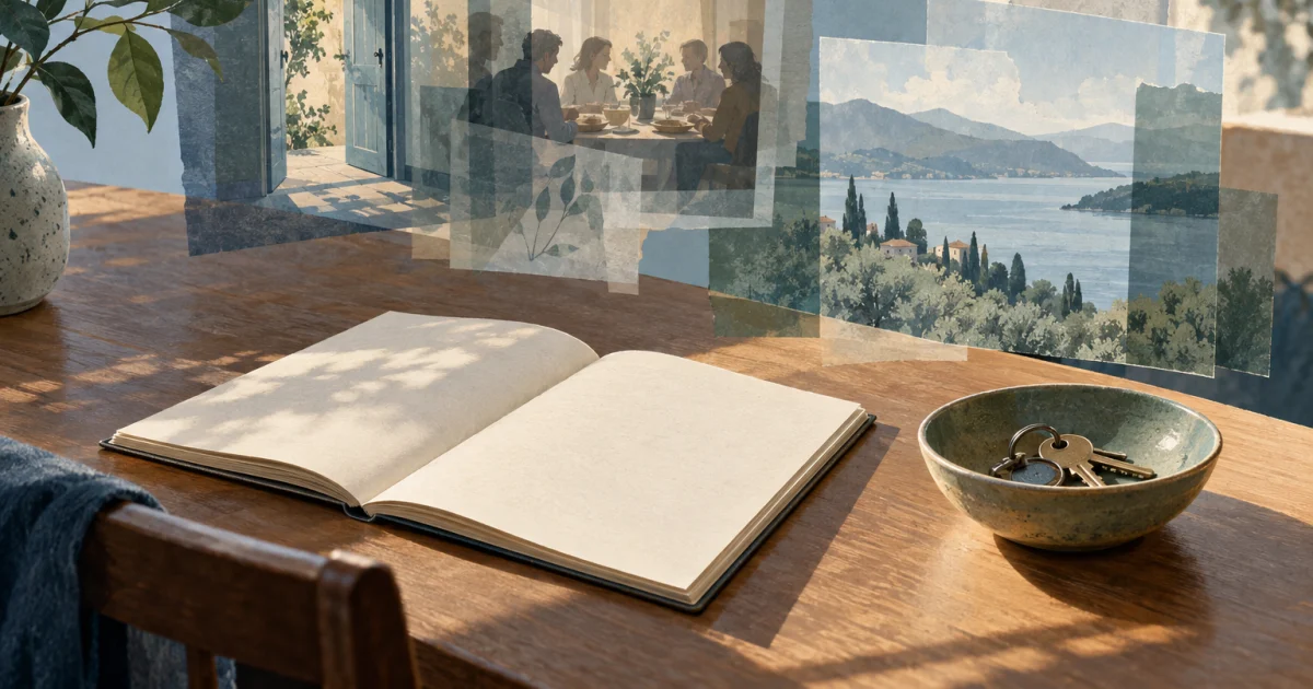 Layered translucent scenes float above a tabletop with a blank notebook and a bowl of keys, illustrated in blue, teal, sage, and warm neutrals.