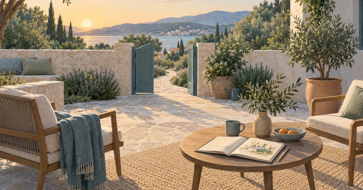 Illustrated courtyard with two chairs, a small table, an open sketchbook, and a potted plant beside a winding path, in soft blue, teal, sage, and warm neutral tones.