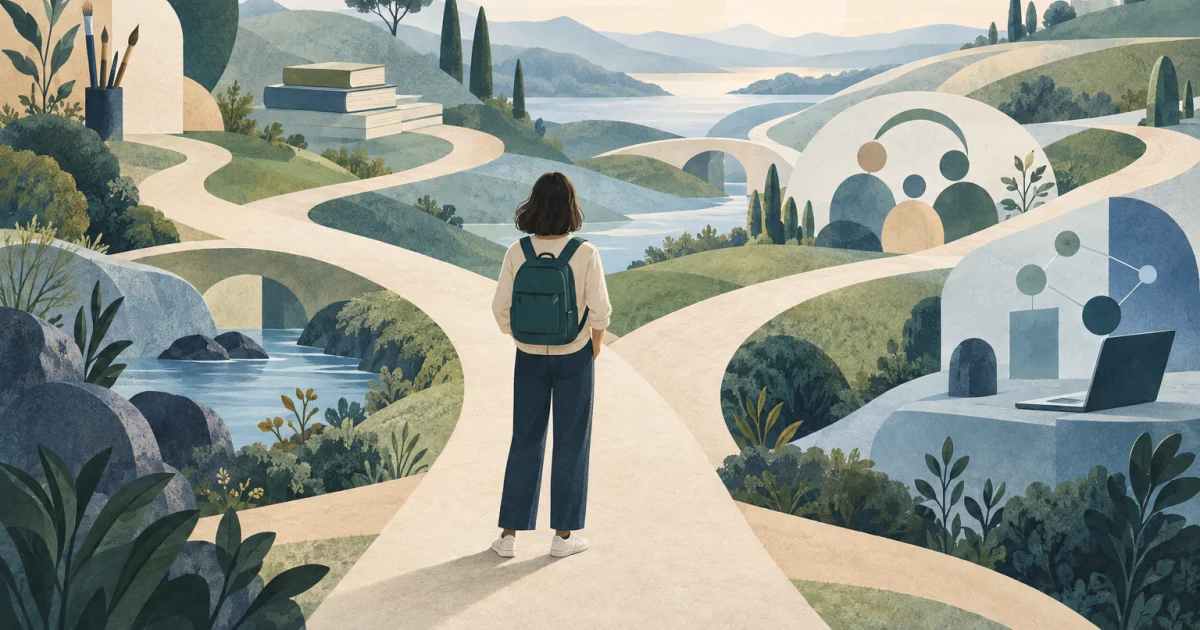 Illustration of a young person facing branching, interconnected paths with abstract learning and creativity symbols in blue, teal, sage and warm neutral tones.