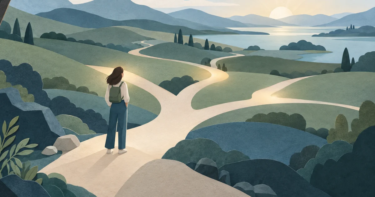 A stylized figure considers several gently branching paths in an open landscape of blue, teal, sage and warm neutral tones.