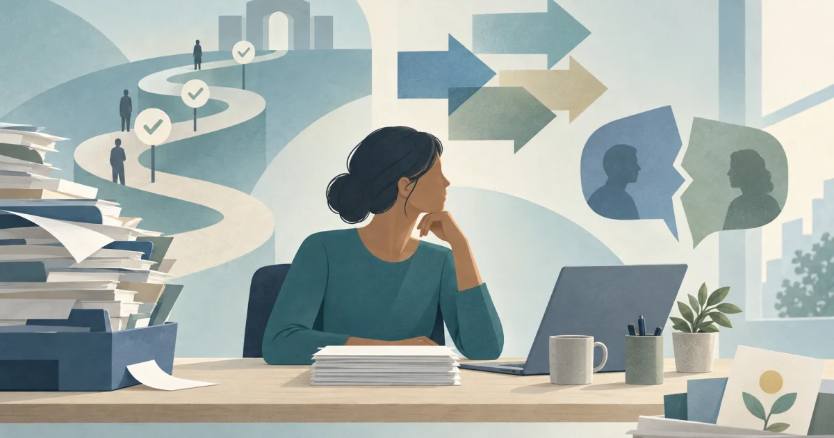 A stylised worker sits beside completed papers, surrounded by an overflowing task tray, winding pathways, overlapping arrows and separated conversational shapes in muted blue, teal and sage.