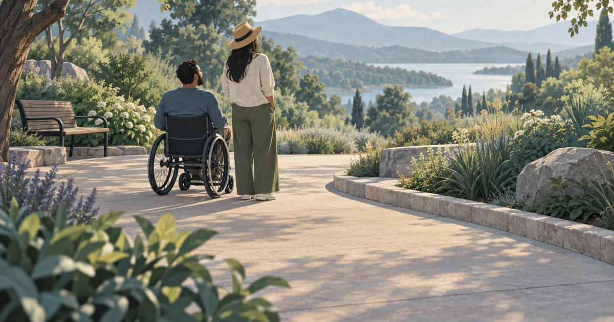 Two adults, one using a wheelchair, pause together on a gently curving garden path amid blue, teal, and sage foliage.
