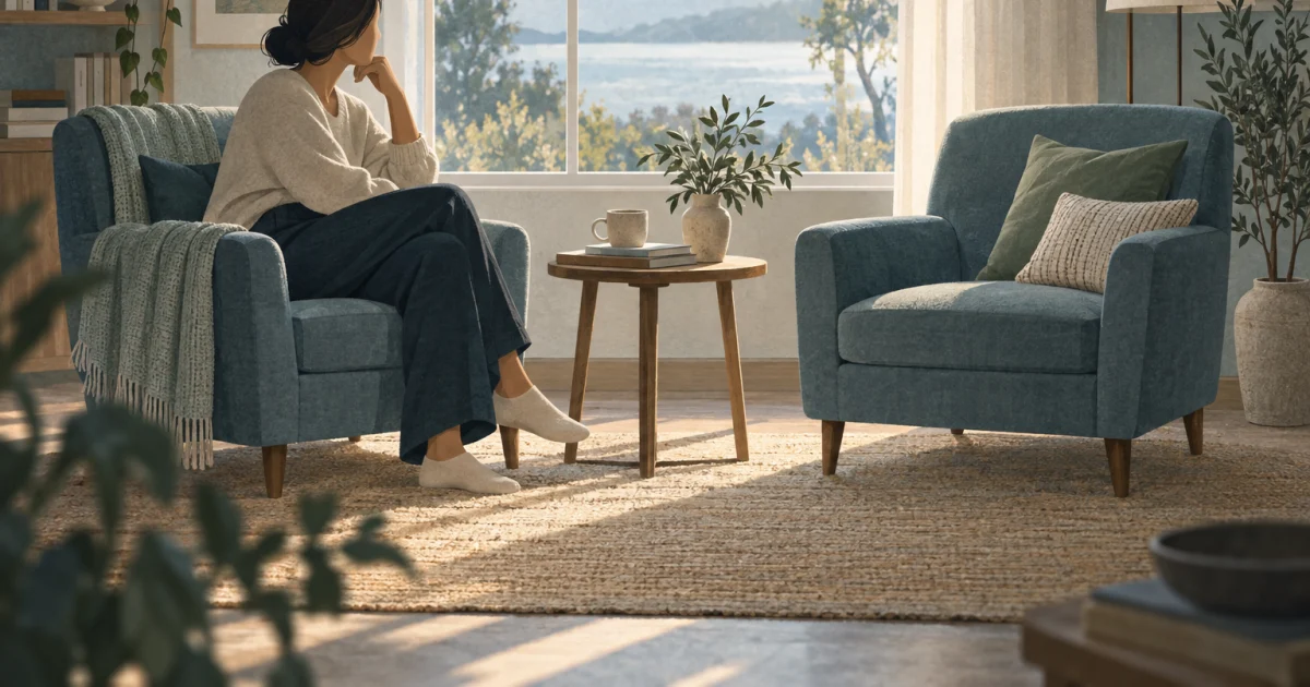 A stylized adult sits in one of two chairs angled apart in a softly lit living room, illustrated in blue, teal, sage, and warm neutral tones.