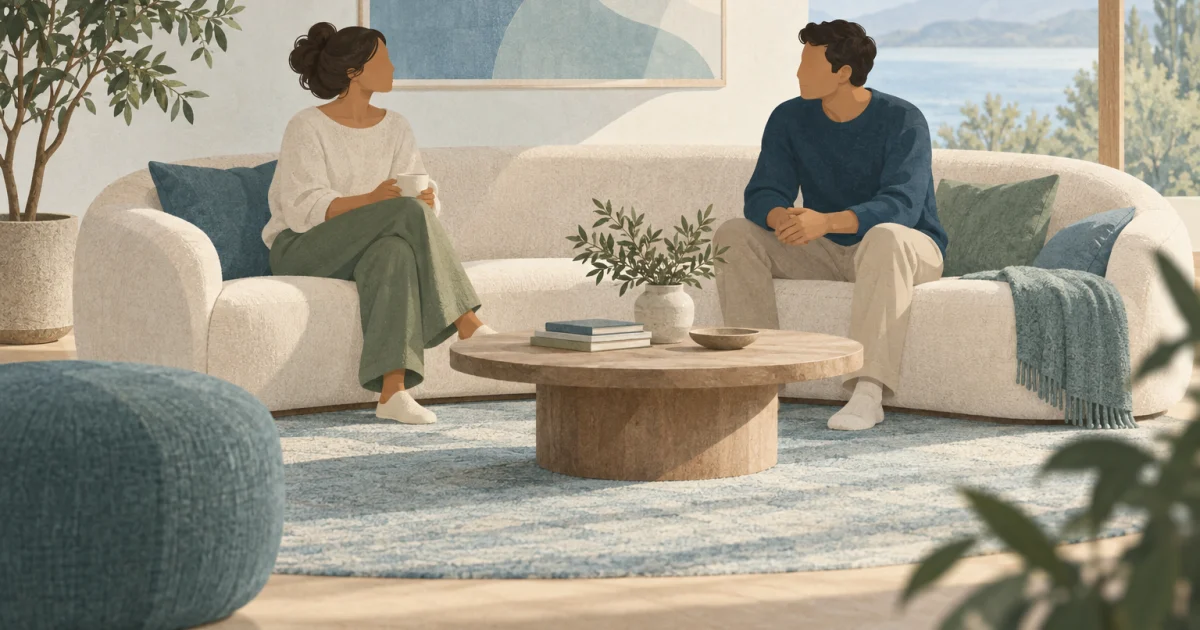 Two stylized adults sit at opposite ends of a curved sofa, turned slightly toward each other, beside a small table and plant in a muted blue, teal, and sage interior.