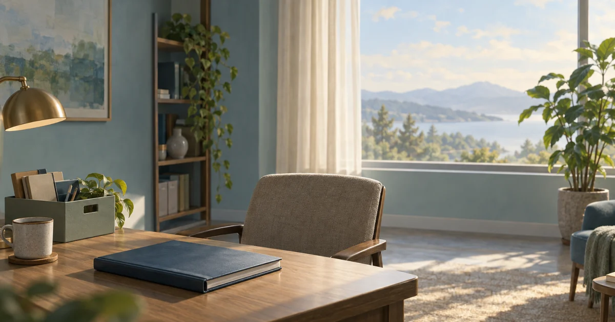 A quiet workspace with a closed ledger, a box of work materials, an empty chair, and a potted plant in soft window light.