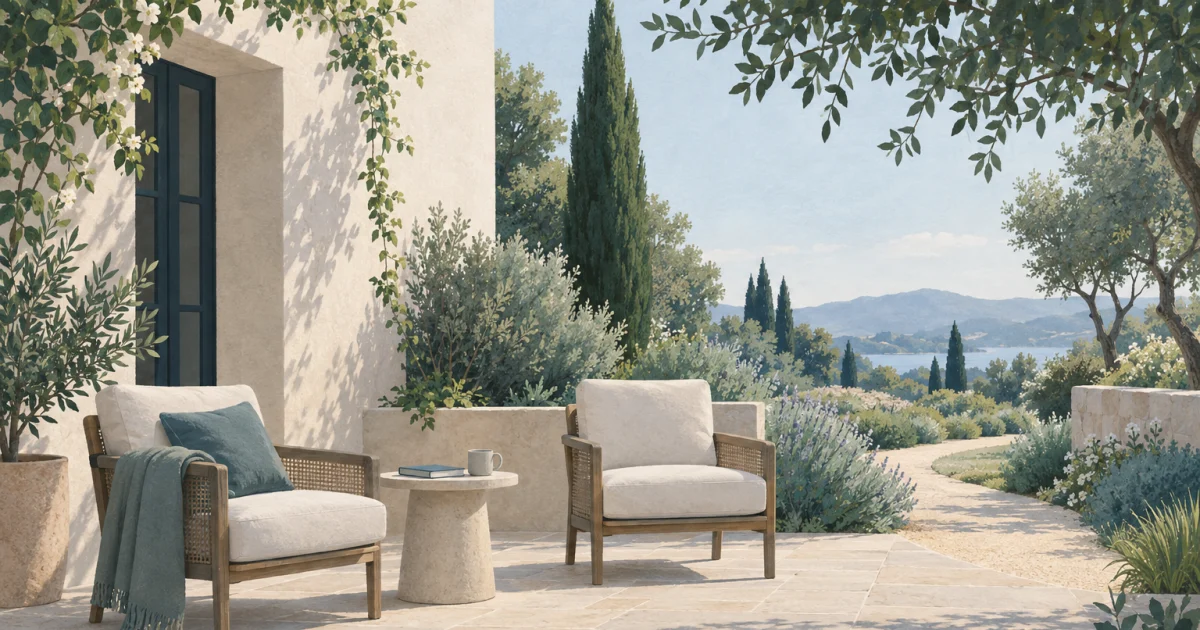 Two separated chairs beside a small table with a notebook and cup in a quiet courtyard, with sage plants and a curved garden path in blue, teal, and warm neutral tones.